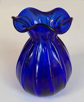 Colbalt Blue Ruffled Edge Glass Vase 13.5cm High X 9cm Wide Excellent Cond. • $35