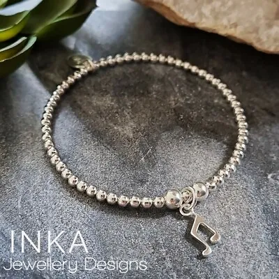 Inka Sterling Silver Stretch 3mm Bead Stacking Bracelet With Music Note Charm • £19
