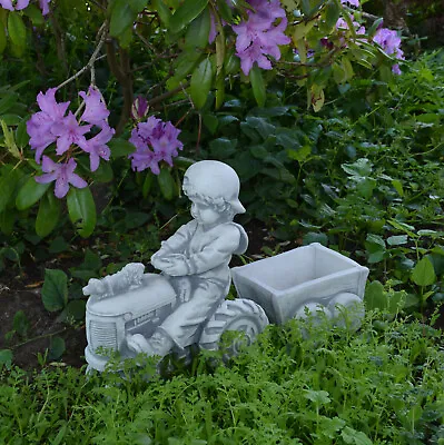 Solid Stone Figure Boy With Tractor And Pendant Stone Cast Frost Resistant • £75