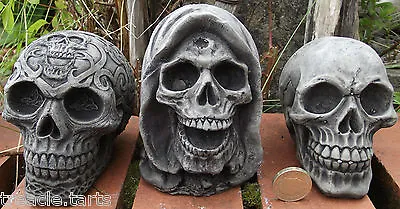 Set Of 3 Small Skulls - Stone Garden Ornament - Hand Cast - Tallest 11 Cms • £23.99