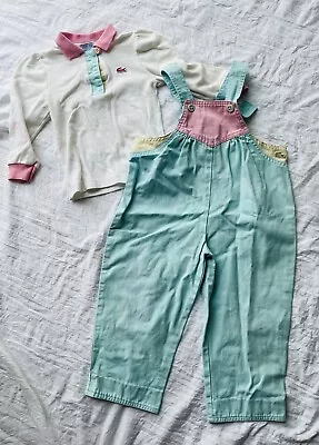 Vintage Izod Lacoste Overalls Blue Pink Size 3 Toddler Alligator Kids Designer • $24.99