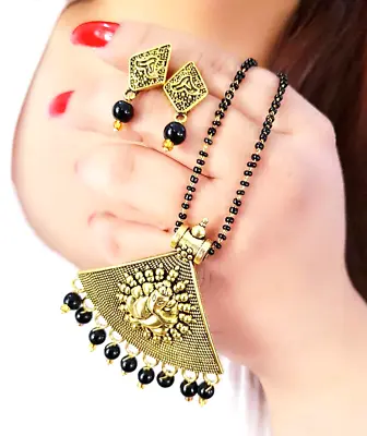 $35.98 • Buy Indian Black Beads AD Mangalsutra Earrings Ethnic Women Lady Dress Wear Jewelry