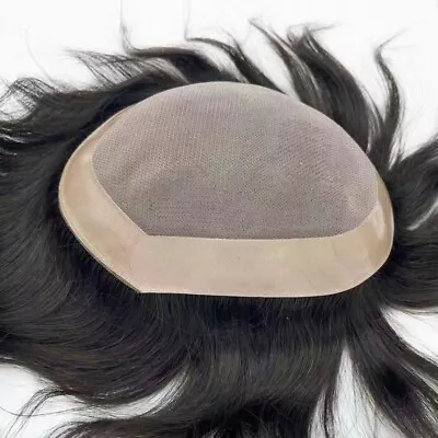 Durable Mens Human Hair Replacement System Hairpiece Fine Mono Poly Skin Toupee • $89.99