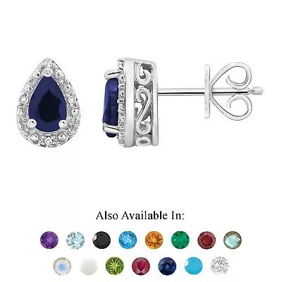 Sterling Silver 6x4mm Pear Shape Natural Sapphire Diamond Accent Stud Earrings • $89.99