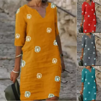£8.99 • Buy Womens V Neck Cotton Linen Dress Ladies Holiday Casual Print Dresses Plus Size
