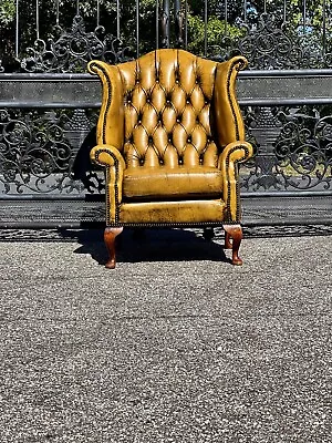 Vintage English Leather Tufted Wingback Chesterfield Chair  • $3250