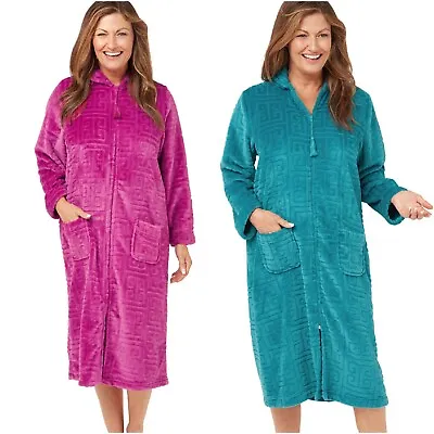 Ladies Womens Soft Feel Embossed Zip Front Fleece Dressing Gown Housecoat Robe • £24.99