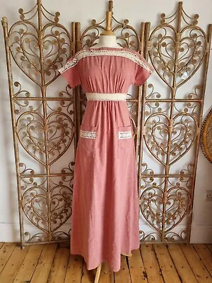 £59.99 • Buy Vintage Pink Simon Ellis Cotton Lace Cottagecore 70s Prairie Maxi Dress S