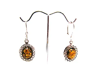 Vintage 925 Sterling Silver Faux Baltic Amber Drop Dangle Pierced Earrings • $4.96