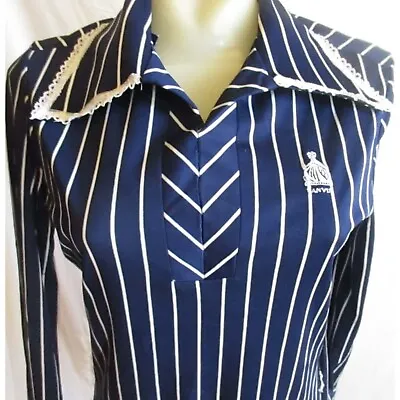 Vintage 1970s Womens Mod Top 14 Large Blue Pinstripe Embroidered Logo Collared • $60.75