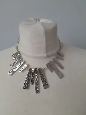 Costume Jewellery Statement Necklace Silver Tone Hammer Effect Collar Pendant • £7.85