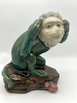 Vintage Majolica Style Hear No Evil Monkey Figurine Green Capuchin 7.75  T • $82.50