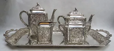 WONDERFUL VINTAGE GERMAN 800 SILVER 5pc PUTTIE's COFFEE & TEA SET ON TRAY  • $4175