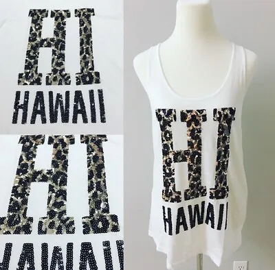 Victoria's Secret PINK BLING Tank Top Hawaii White/Leopard Sequins Medium M NEW! • $37.95