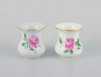 Meissen Two Small  Pink Rose  Porcelain Vases Hand-painted With Pink Roses. • $170