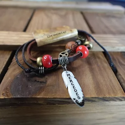 Mercedes Bracelet Personalized Name Leather Stacking Wrap Boho Red Beads NEW • $17.97