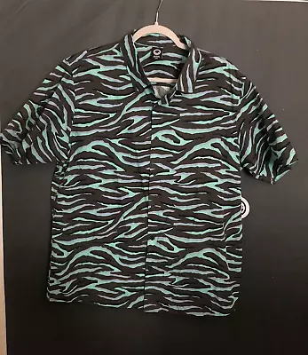 Neff Button Up Shirt Mens Large Zebra Print All Over Blue Short Sleeve Cotton • $23.87