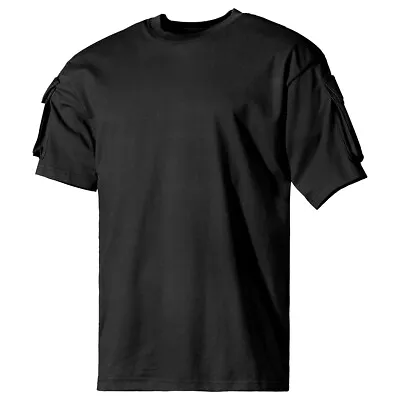 MFH US Short Sleeved T-Shirt With Sleeve Pockets Mens Army Police Tactical Black • £17.95