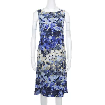 Moschino Blue Floral Printed Linen Silk Bateau Neck Shift Dress S • $162.75