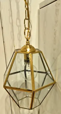 Vintage Brass & Glass Hexagon Hanging Pendant Chain Entry Light Fixture • $50