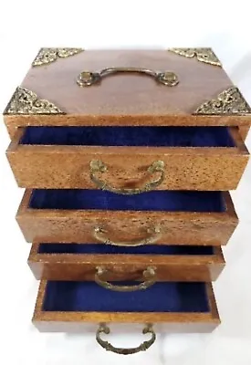 Vintage Wood Ornate Brass Japan 4 Velvet Lined  Drawers Jewelry Box Tansu • $90