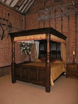 £6500 • Buy English Tudor Style King Size Oak Four Poster Bed With Drapes.