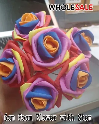 50pcs Artificial Flowers Foam Rose Fake Flower With Stem Wedding Party Bouquet • £5.99