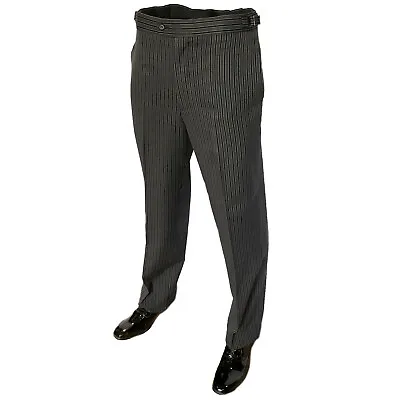Ex Hire Mens Wedding Black Grey Funeral Directors Stripe Trouser Side Adjusters • £34.99