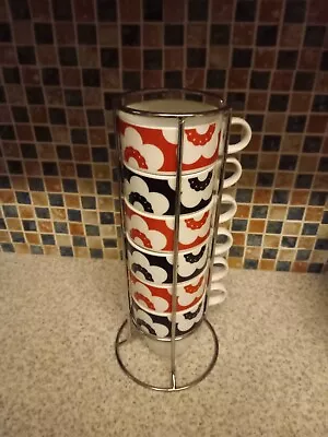 £14.99 • Buy 6 Stacking Mugs 8.5cm 8.5cm High 30cm Stand Rayware Porcelain Poppy Red Black
