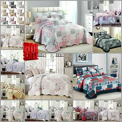 £11.58 • Buy 3 Piece Quilted Patchwork Floral Bedspread Throw Bedding Set Double King Sizes
