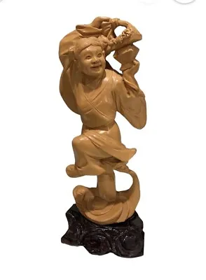 Vintage Happy Dancing Flower Girl Statue On Wooden Stand All Hand Carved BoxWood • $59