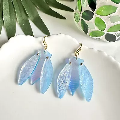 Cicada Moth Blue Earrings Insect Bug Iridescent Movable Wings Jewelry Gift NEW • $16.95