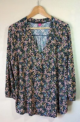 Womens Vince Camuto Navy Blue FLORAL BLOUSE Top V Neck Stretch XL Dark Floral • $13.95