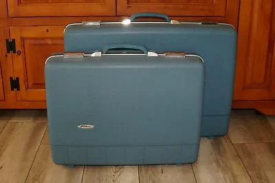 Vintage Suitcase Blue 20in High Hard Case Luggage Mid Century • $1