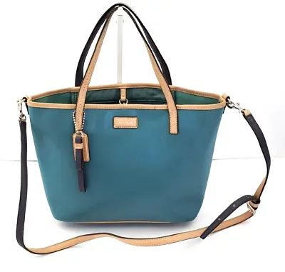 Coach F25663 Park Metro Saffiano Leather Teal/Tan Tote/Crossbody Bag Rare Used • $69.99