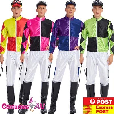 Mens Jockey Horse Costume Racing Rider Melbourne Cup Uniform Goggles Whips Dress • £30.64