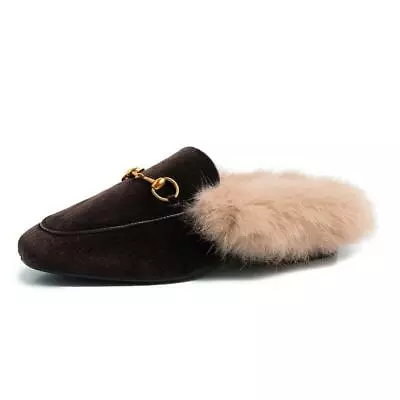 Womens Velvet Slipper Casual Mules Shoes Casual Slides Real Rabbit Fur Lined • £59.99