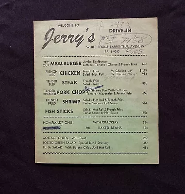 1959 Vintage Menu Jerry's Drive-In St. Paul Minnesota White Bear & Larpenteur • $19.99