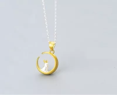 Gold Sterling Silver Moon Rabbit Bunny Pendant Necklace 16-18  Chain Gift Box AJ • $14.97