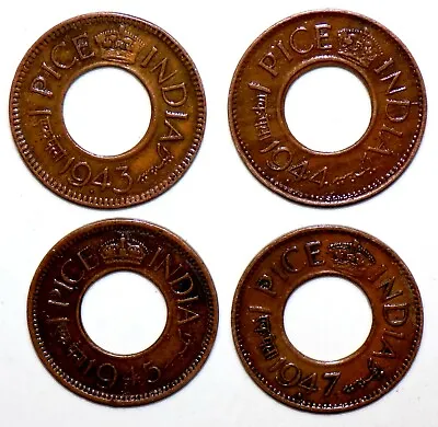 1943-44-45-47 British George Vi 4 Hole Copper Coins Set - India # Wt. 2 Grams D • $6.99