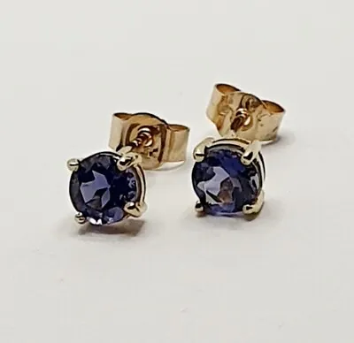 9ct Stud Iolite 0.55ct Earrings Round Shape Stone 9ct Yellow Gold • £50