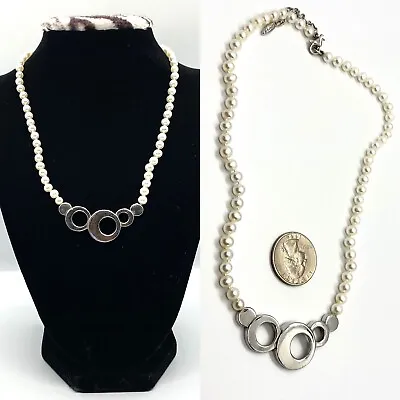 Vtg Misaki Cultured White Pearls 16-18” Sterling Silver 925 Circles Moon Phases • $68