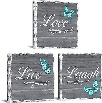 £61.46 • Buy 3 Pieces Live Laugh Love Wall Art Decor Inspirational Quotes With Teal Butterfly