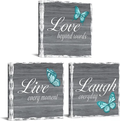 £61.46 • Buy 3 Pieces Live Laugh Love Wall Art Decor Inspirational Quotes With Teal Butterfly