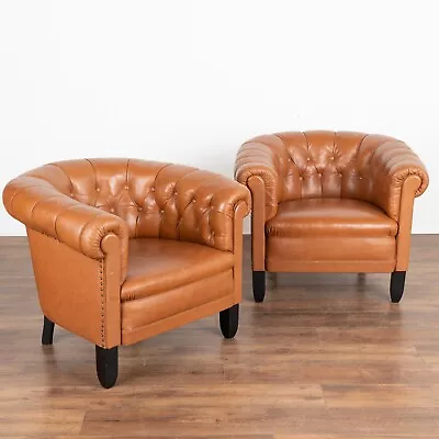 Pair Vintage Brown Leather Barrel Back Arm Chairs Denmark Circa 1940 • $3800