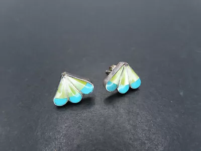 Vtg Sterling Silver & Turquoise/Mother Of Pearl Inlay Earrings Unsigned 2.1g • $1.25