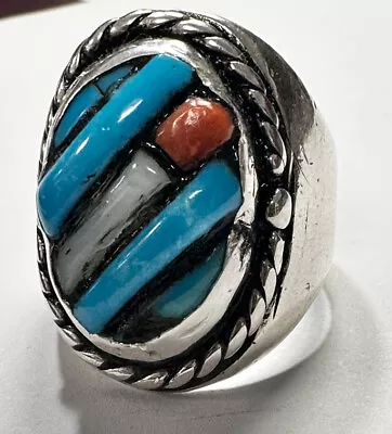 Vintage NAVAJO Coral Turquoise Mens STERLING Ring SZ 9.75. #6854 • $99