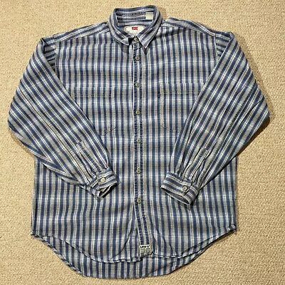 VINTAGE Levis Shirt Mens Large Blue Grey Hickory Stripe Thick Cotton Canvas 90s • $47.28