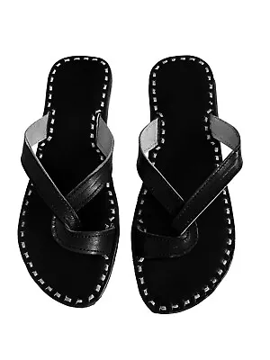 Mens Genuine Black Leather Slippers Indian Flip Flops Flats Slides Shoes Sandals • £33.59