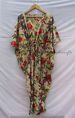 Indian Beige Long Bird Print Cotton Hippie Maxi Women Nightwear Caftan Dress • $22.07